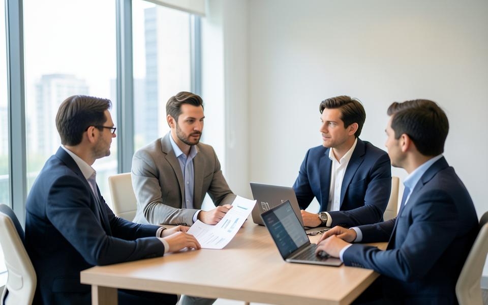 Consulting team reviewing a client proposal document in a meeting room
