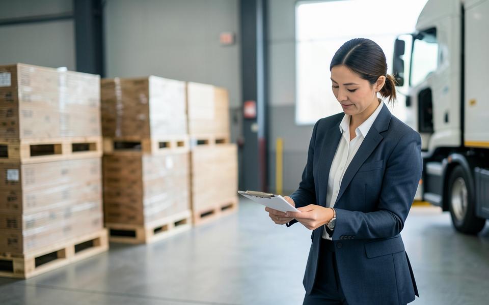 Logistics supervisor checking a delivery note in a warehouse loading bay