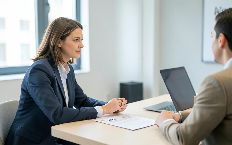 HR manager interviewing a candidate with a CV on the desk