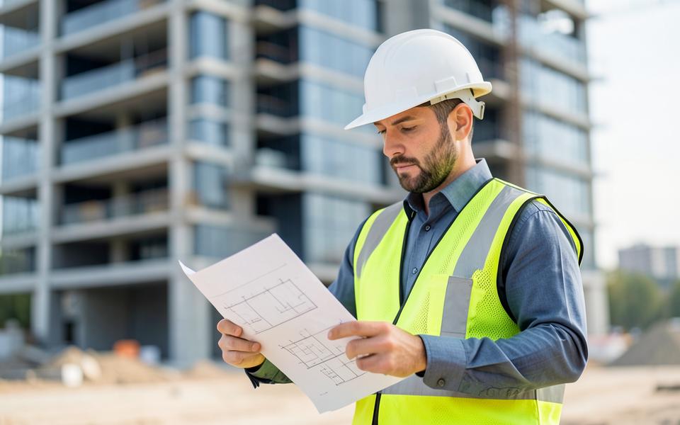 Construction project manager checking drawings on a GCC building site