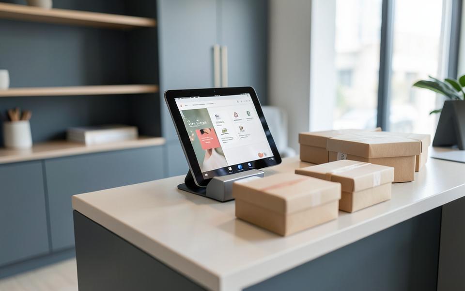 Retail counter with a point-of-sale tablet and packed e-commerce parcels
