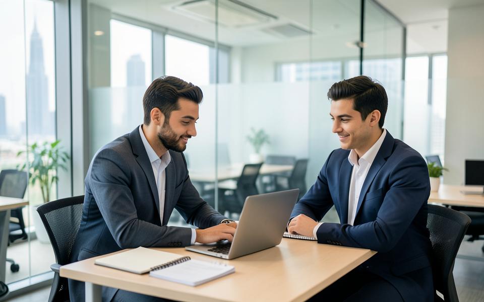 Founders working on company setup documents in a Dubai free zone office