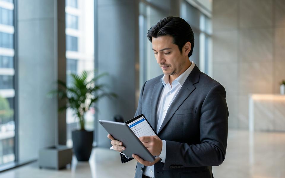 Property manager reviewing a facilities checklist in a modern tower lobby