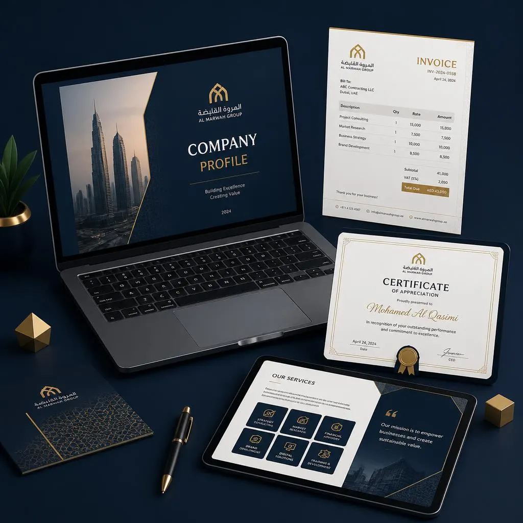 Business document templates displayed on a laptop and tablet